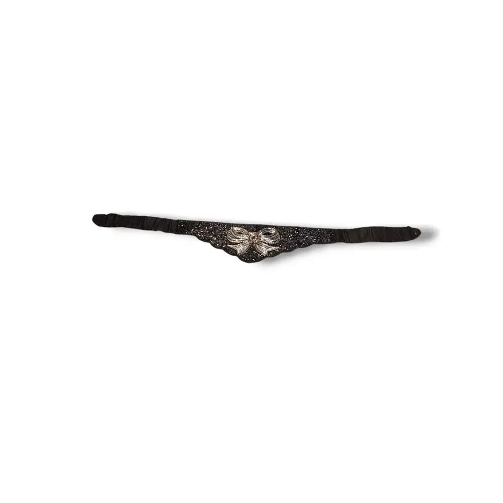 Vintage Black Beaded Bow Waist Belt Art Deco Glam Stretch Belt Handmade Coquette